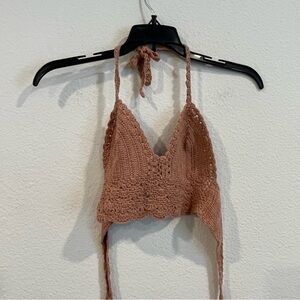 Andi Bagus mauve tan one size halter tie back crochet knit crop top